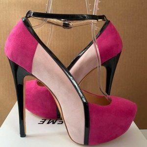 NEW Ladies Multicolor Pink Faux Suede Platform Heel Shoes  Sz 13